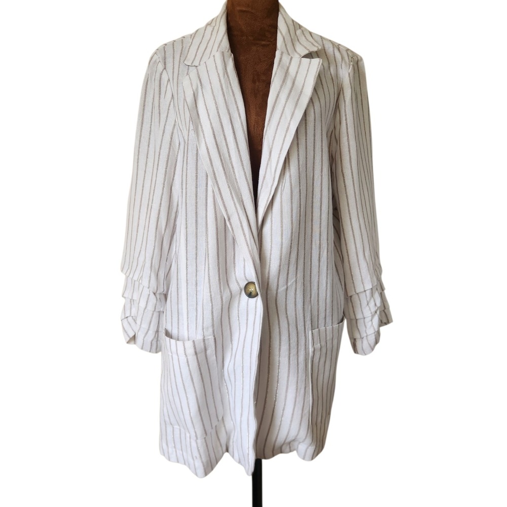 NWT Halston Blazer Linen Blend Size XL Relaxed White Silver Striped Women's